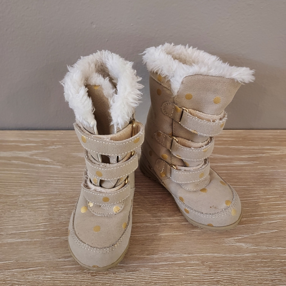 Warm Kids Tan Boots with Gold Polka Dots